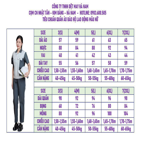 Số đo Quần áo Bảo Hộ Lao Động nữ